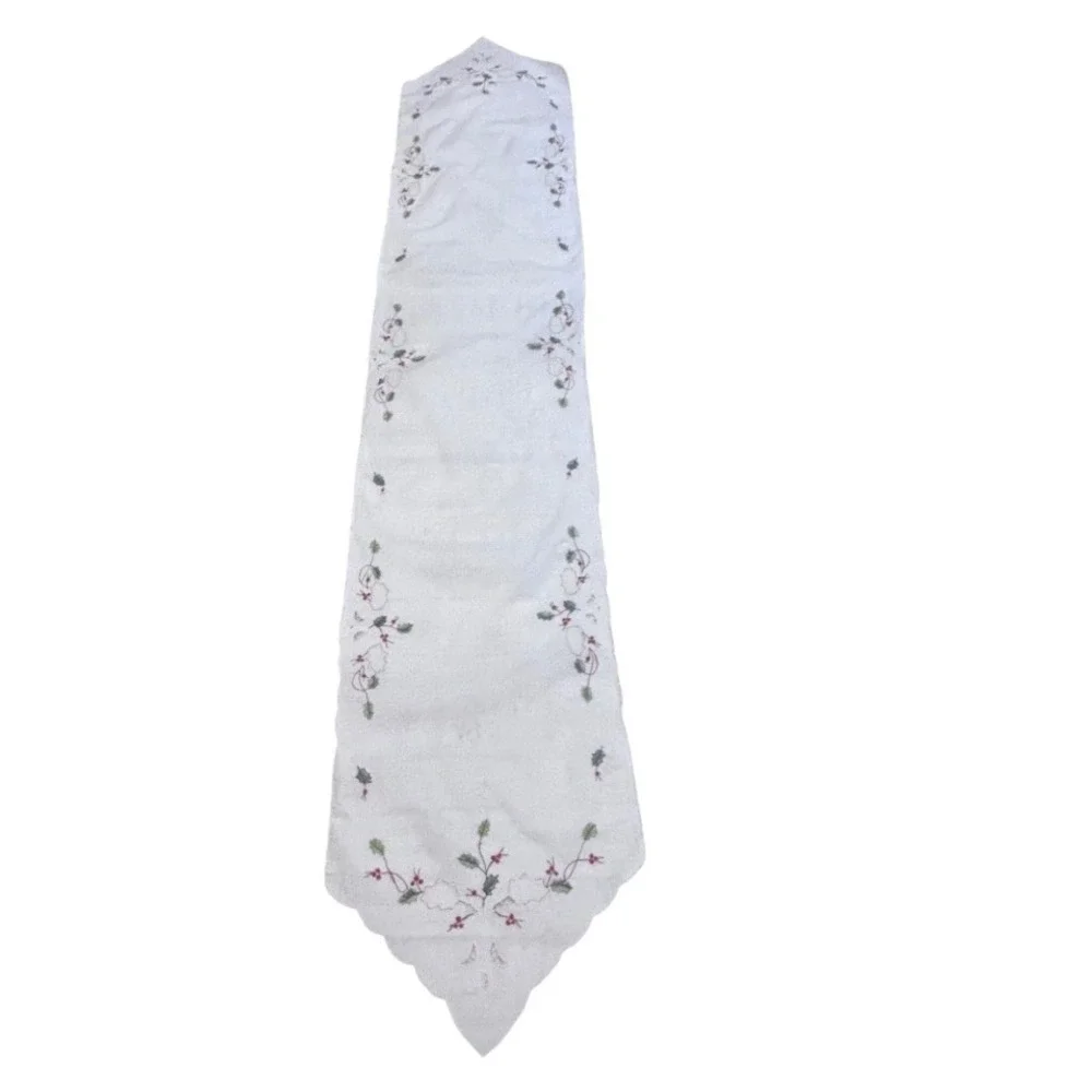 Vintage Christmas Holly Berry Embroidered White Cotton Table Runner 71